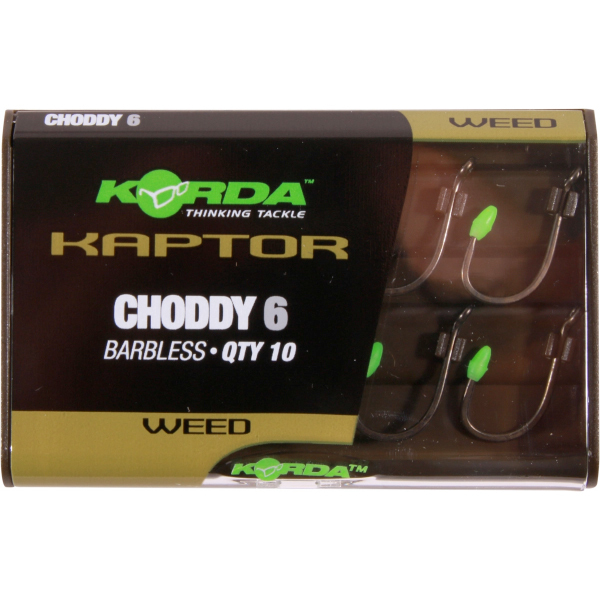 Carp Tacklebox, pełny akcesoriów end-tackle znanych marek! - Korda Kaptor Choddy Barbless Size 6 Weed (10pcs)