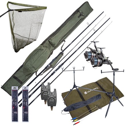 Ensemble complet Ultimate carpe avec cannes, moulinets débrayables, rod pod, détecteurs de touche et ensemble de bas de ligne