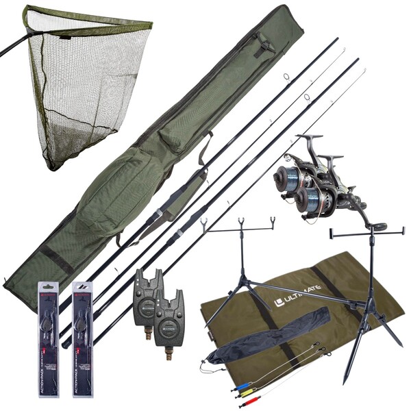 Ensemble complet Ultimate carpe avec cannes, moulinets débrayables, rod pod, détecteurs de touche et ensemble de bas de ligne