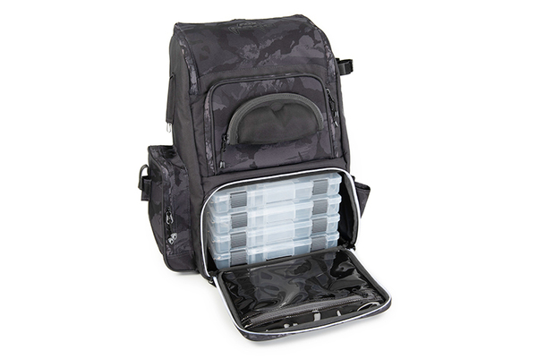 Fox Rage Voyager Camo Rucksack (incl. 4 Medium Shallow Tackleboxes)