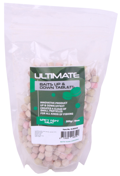 Ultimate Baits Up & Down Tablets 9mm, libera fragancias, colores y sabores bajo el agua - Spicy Fish/Meat 9mm