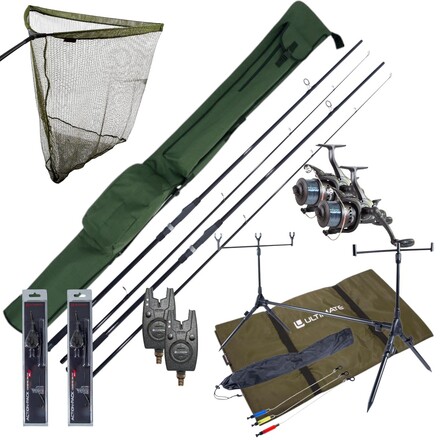 Complete Ultimate Karper Set con cañas, carretes de carrera libre, rodpod, alarmas de mordida y end-tackle