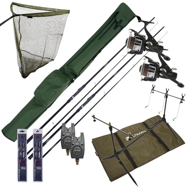 Ensemble complet Ultimate carpe avec cannes, moulinets débrayables, rod pod, détecteurs de touche et ensemble de bas de ligne