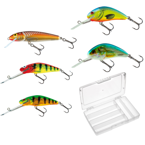 Baarsset inclusief Salmo Hornet, Minnow, Bullhead plus Tacklebox
