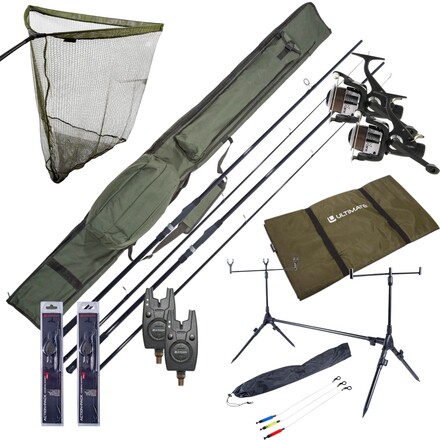 Complete Ultimate Karper Set met hengels, vrijloopmolens, rodpod, beetmelders en end-tackle!