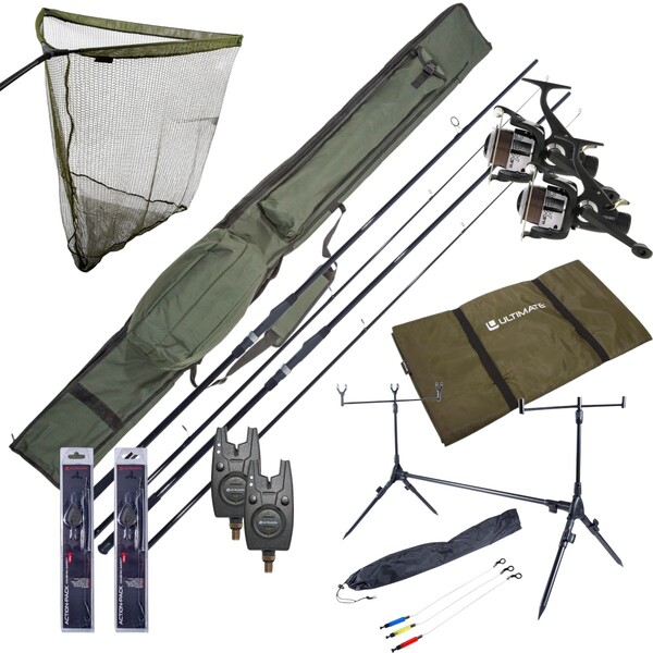 Complete Ultimate Karper Set met hengels, vrijloopmolens, rodpod, beetmelders en end-tackle!