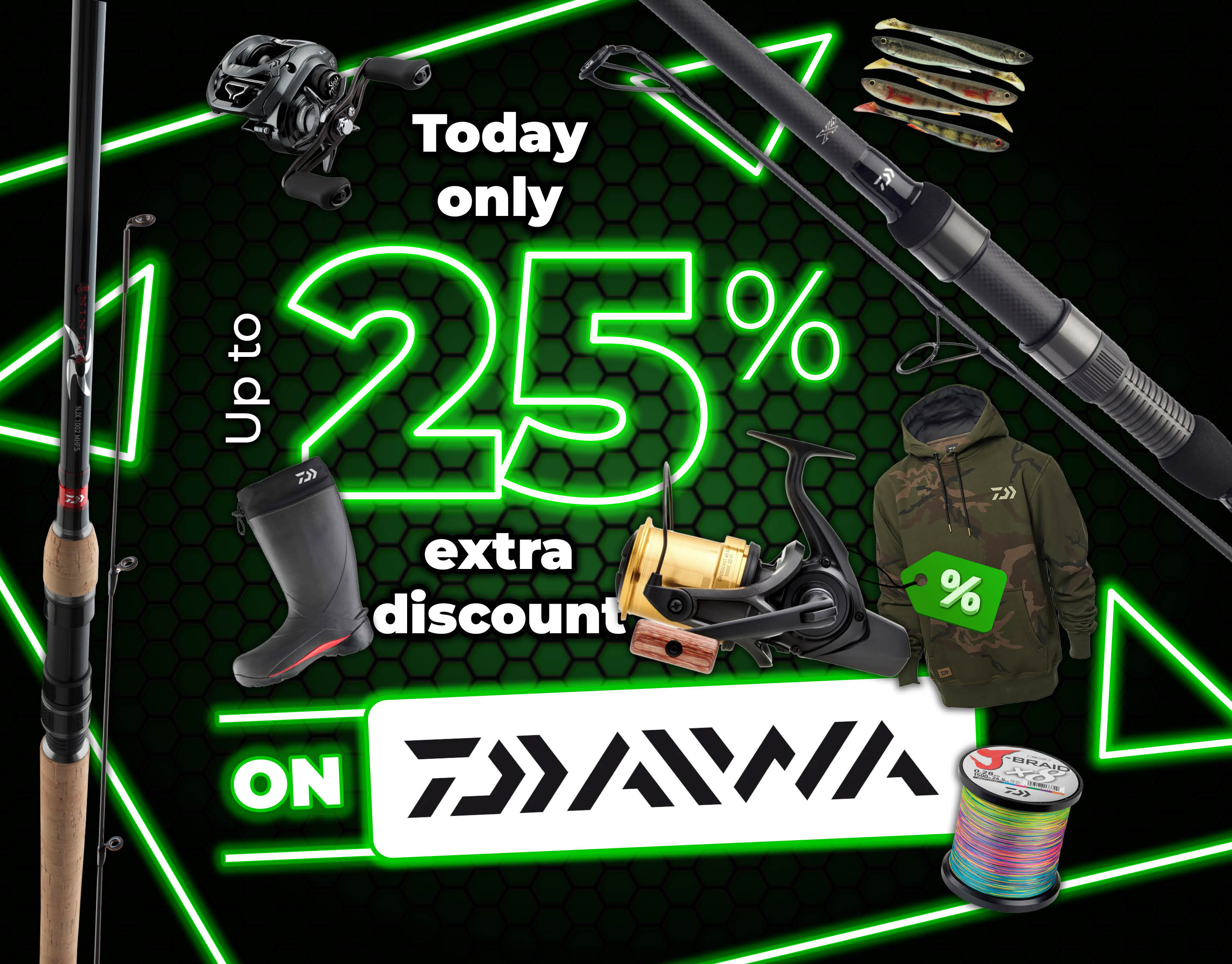 Subbanner: Tot 25% Daiwa (Groen)