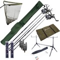 Complete Ultimate Karper Set con cañas, carretes de carrera libre, rodpod, alarmas de mordida y end-tackle