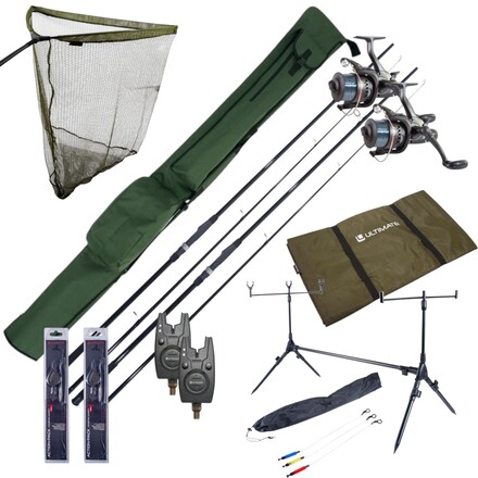Complete Ultimate Karper Set con cañas, carretes de carrera libre, rodpod, alarmas de mordida y end-tackle