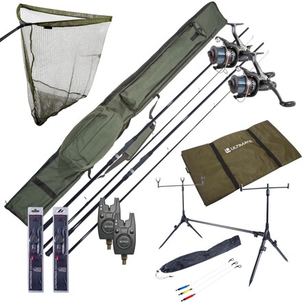 Complete Ultimate Karper Set met hengels, vrijloopmolens, rodpod, beetmelders en end-tackle!