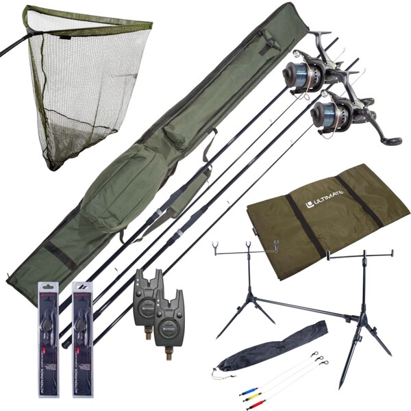 Komplettes Ultimate Karpfenset mit Ruten, Freilaufrollen, Rodpod, Bissanzeigern und End Tackle