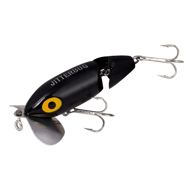 Leur De Pêche Vintage Fred Arbogast Jitterbug Noir - En Bois, 2 Hameçons, Collection