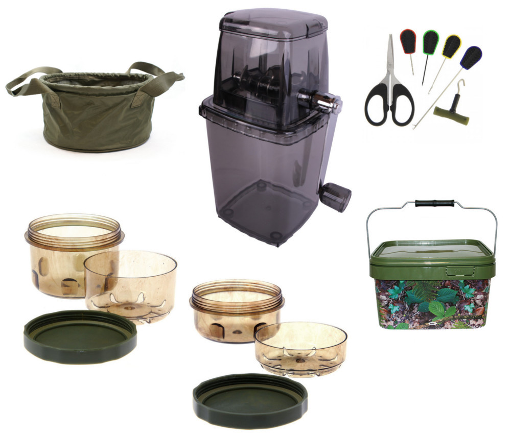 NGT Baiting Set including baiting tool set, bucket, glug pots and